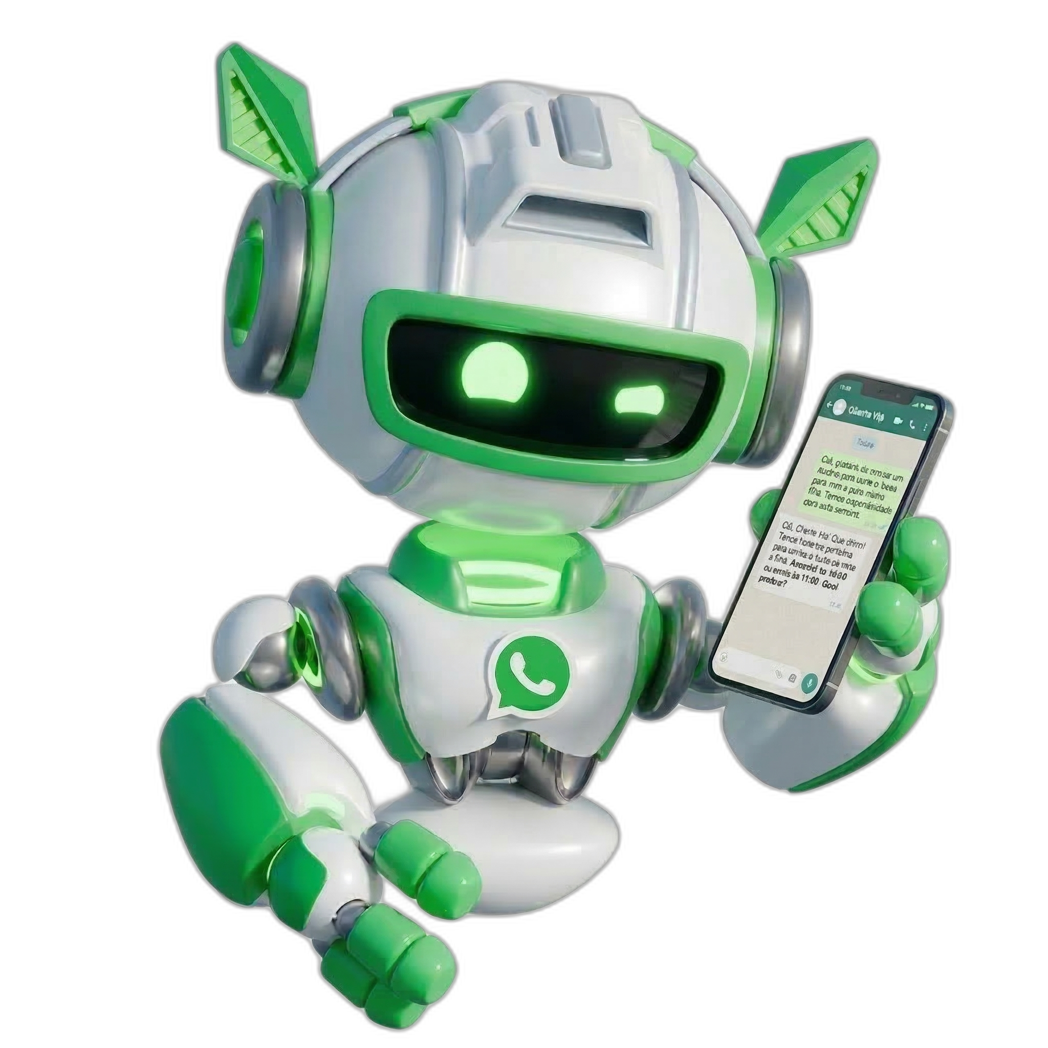 Robô assistente Agendra segurando um smartphone com conversa de WhatsApp